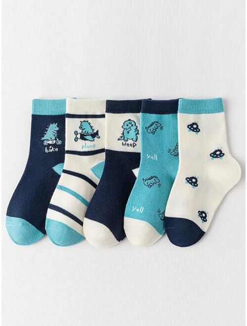 Shein 5pairs Kids' Multicolor Cute Cartoon Dinosaur Design Fashionable All-match Mid-calf Socks For Boys, Warm