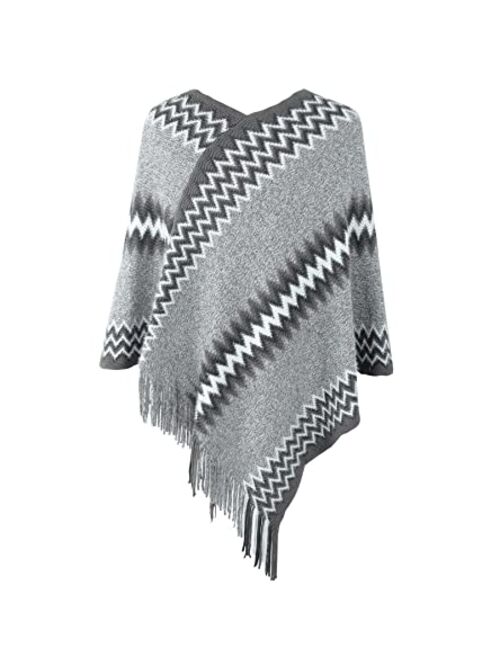 AFOLIRY Women's Soft Knitted Zig Zag Patterned Tassel Batwing Poncho Sweater Pullover Wraps Cape