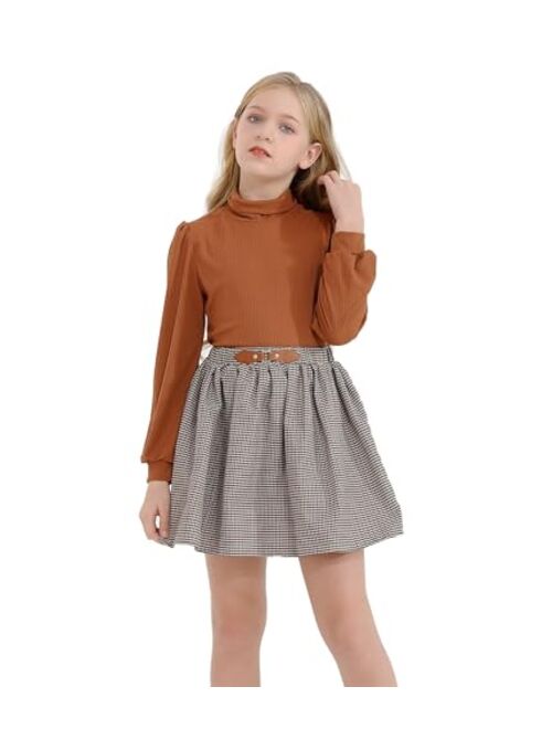 YOURUIKEY Girls Pleated Skirt Set Fall Winter 2 Piece Outfit Lattice Dresses Long Sleeve Top Cute Clothes Outfit for Kid