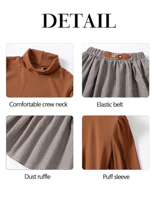 YOURUIKEY Girls Pleated Skirt Set Fall Winter 2 Piece Outfit Lattice Dresses Long Sleeve Top Cute Clothes Outfit for Kid