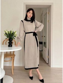 Women's High Neck Color Block Sweater Knitted Dress