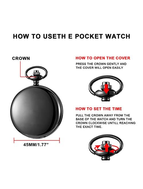 Realpoo Smooth Black Pocket Watch for Men Quartz Arabic Digital Dial with Chain,Smooth Quartz Men's Pocket Watch