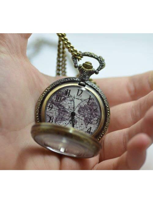 Pearlina CoolRings Bronze Pocket Watch Old World Map Large Antique Style FOB Chain for Man or Woman
