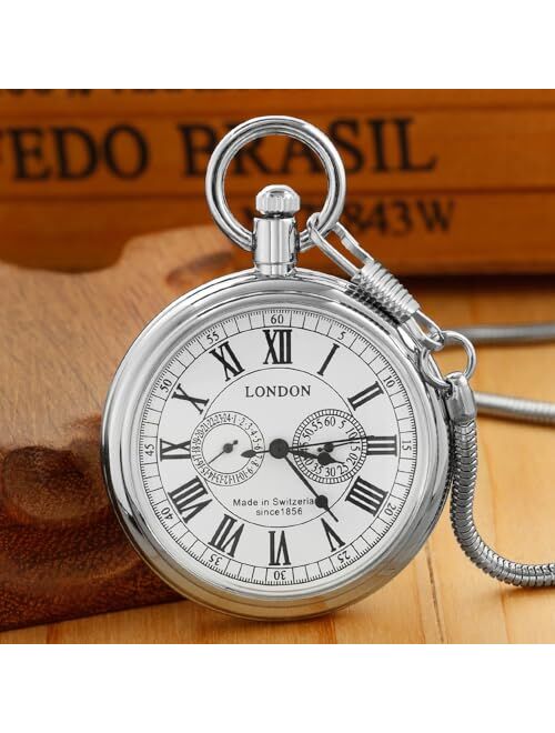 Dentily Vintage Silver Stainless Steel London Design Mechanical Hand-Wind Pocket Watch Mens Watches