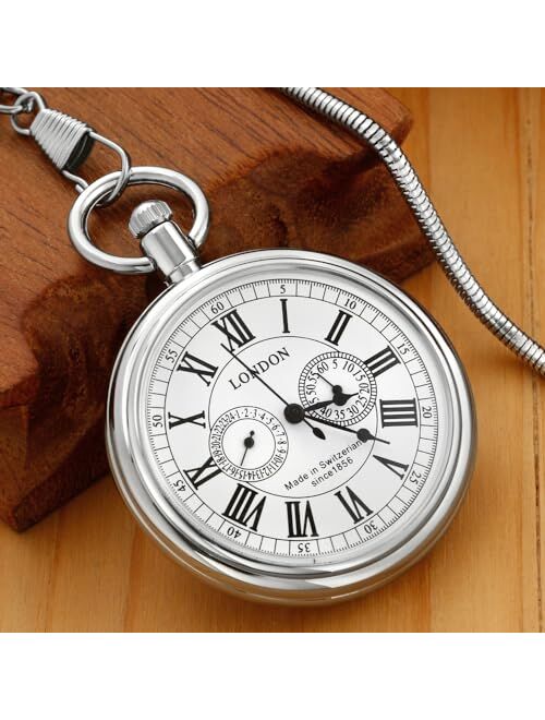 Dentily Vintage Silver Stainless Steel London Design Mechanical Hand-Wind Pocket Watch Mens Watches