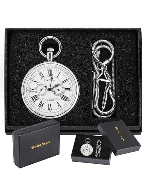 Dentily Vintage Silver Stainless Steel London Design Mechanical Hand-Wind Pocket Watch Mens Watches