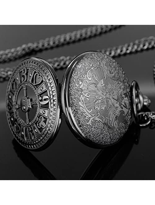 Alwesam Engraved Pattern Design Quartz Pocket Watch Roman/Arabic Numerals for Birthdays Xmas Best Gifts
