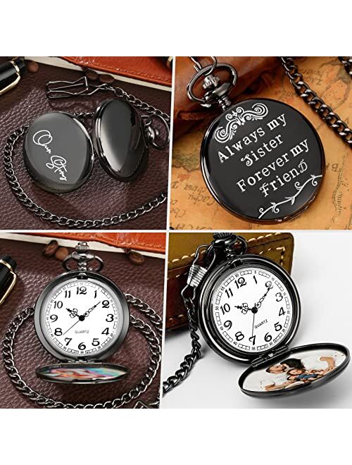 LAIFU Personalized Pocket Watches for Men Women with Photo & Text Custom Engraved Quartz Pocket Watch with Chain
