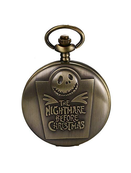 JewelryWe Nightmare Christmas Pocket Watch, Vintage Novelty Skull Skeleton Quartz Pocket Watch Necklace for Christmas