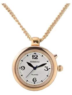SHMIOU English Talking Watch for Women Pendant Golden Round Bezel for Senior Blind Visually Impaired Analog Voice with Alarm Date Output