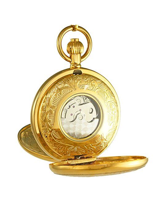 OGLE Vintage Copper Double Cover Tourbillon Phases Moon Chain Fob Self Winding Automatic Mechanical Pocket Watch/Gold Dial