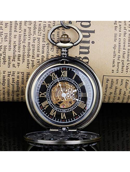 Dentily Hand Winding Hollow Roman Numerals Mechanical Pocket Watch Steampunk Mens Watches