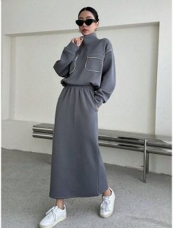Shein DAZY Contrast Piping Drop Shoulder Half Zip Sweatshirt & Skirt