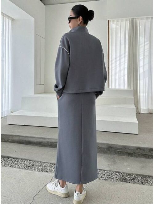 Shein DAZY Contrast Piping Drop Shoulder Half Zip Sweatshirt & Skirt