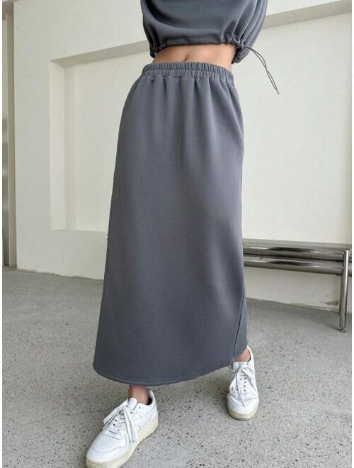 Shein DAZY Contrast Piping Drop Shoulder Half Zip Sweatshirt & Skirt