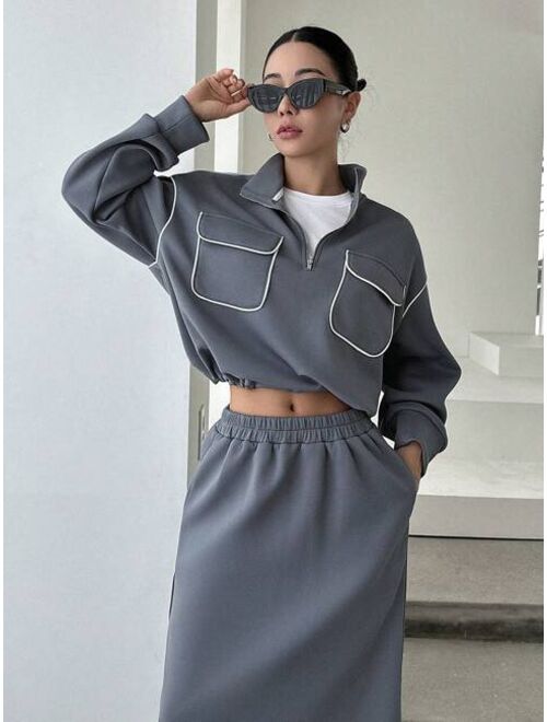 Shein DAZY Contrast Piping Drop Shoulder Half Zip Sweatshirt & Skirt
