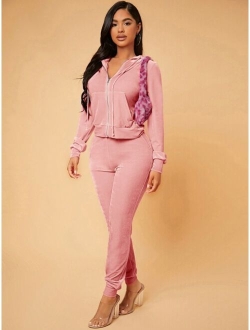 SXY Zip Up Drawstring Hooded Velvet Jacket & Sweatpants