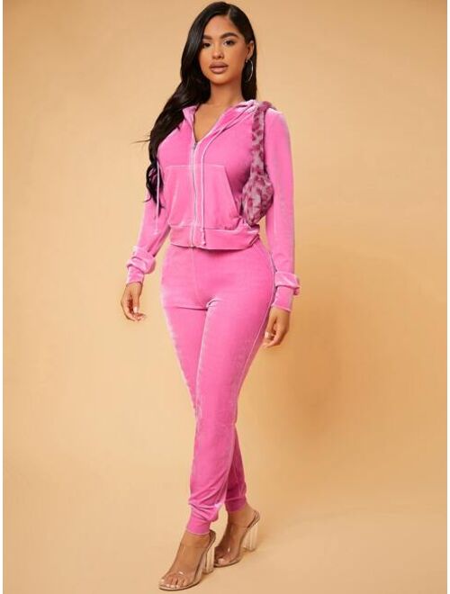 SHEIN SXY Zip Up Drawstring Hooded Velvet Jacket & Sweatpants