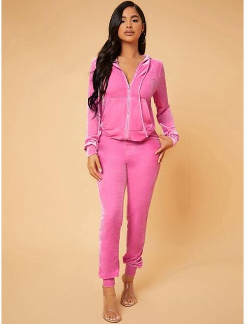 SHEIN SXY Zip Up Drawstring Hooded Velvet Jacket & Sweatpants