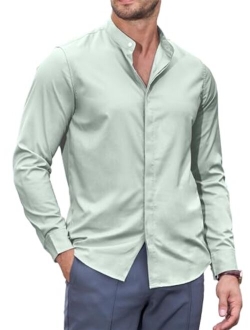 JMIERR Mens Banded Collar Dress Shirts Casual Long Sleeve Mandarin Collar Button Down Shirt