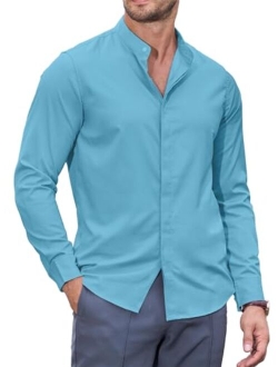 JMIERR Mens Banded Collar Dress Shirts Casual Long Sleeve Mandarin Collar Button Down Shirt