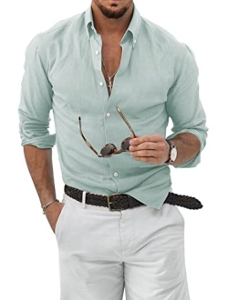 JMIERR Mens Cotton Linen Button Down Shirt Casual Stylish Long Sleeve Business Dress Shirts