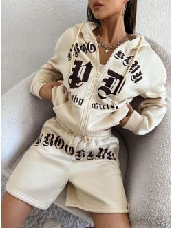 SHEIN Coolane Letter Graphic Zip Up Drop Shoulder Drawstring Thermal Lined Hoodie & Shorts