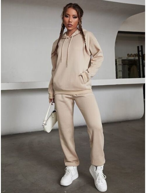 Solid Drawstring Detail Thermal Lined Sweatshirt & Sweatpants