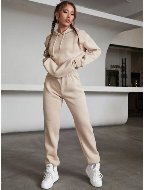 Solid Drawstring Detail Thermal Lined Sweatshirt & Sweatpants