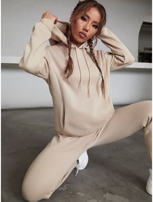 Solid Drawstring Detail Thermal Lined Sweatshirt & Sweatpants
