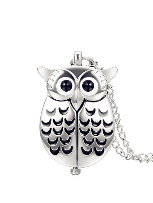 Lancardo Pocket Watch for Men and Women Bright Silver Tone Owl Pocket Fob Watch with Chain Military 24H Time for Christmas