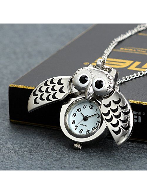 Lancardo Pocket Watch for Men and Women Bright Silver Tone Owl Pocket Fob Watch with Chain Military 24H Time for Christmas
