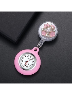 Lancardo Retractable Nurse Watch Clip On Pearl Flower Patterns Badge with Secondhand Stethoscope Lapel Fob Pocket Watch Doctor Nurse Watch for Women and Men Nurse Day