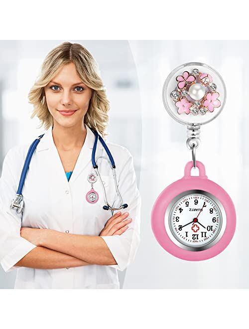 Lancardo Retractable Nurse Watch Clip On Pearl Flower Patterns Badge with Secondhand Stethoscope Lapel Fob Pocket Watch Doctor Nurse Watch for Women and Men Nurse Day