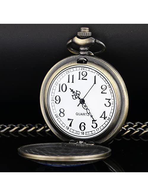 Tiong Cool Retro Pattern Theme Quartz Pocket Watch with Chain Gifts for Father's Days Birthdays