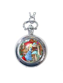 Joyplancraft Alice in Wonderland Inspired Pocket Watch Necklace Mr. White Rabbit Mysterious Garden Dome Necklace