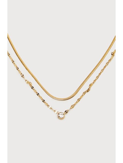 Lulus Luxe Personality Gold Rhinestone Herringbone Layered Necklace
