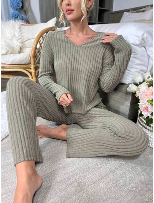 SHEIN Underwear & Sleepwear Drop Shoulder Ribbed Knit Lounge Set
