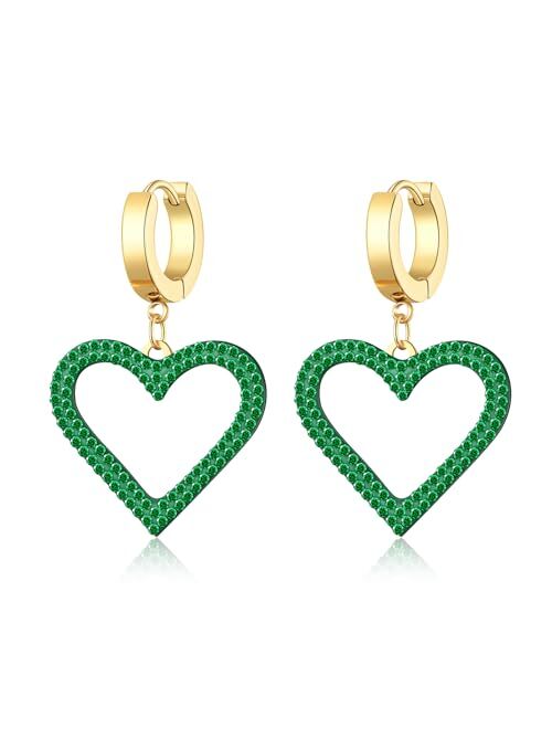 Ritach Heart Dangle Earrings for Women Dainty 14K Gold Plated Cubic Zirconia Small Huggie Hoop Earrings with Heart Charm Cute Heart Love Drop Earrings Valentine's Day Jew