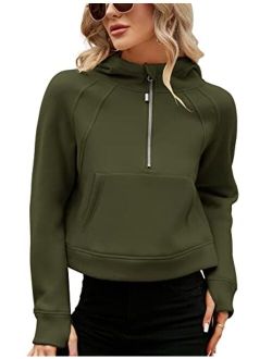 Micoson Womens Fleece Lined Cropped Hoodies Half Zip Pullover Long Sleeve Workout Sweatshirt with Pockets Thumb Hole