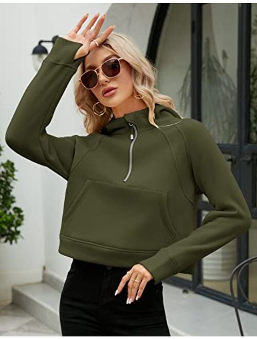 Micoson Womens Fleece Lined Cropped Hoodies Half Zip Pullover Long Sleeve Workout Sweatshirt with Pockets Thumb Hole
