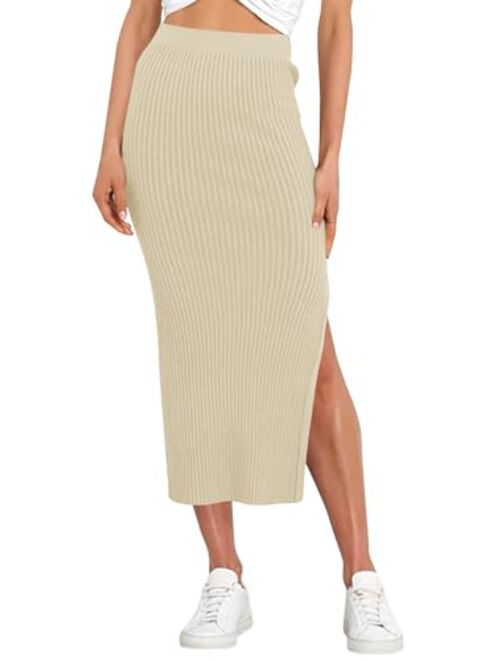 Runcati Women's Bodycon Knitted Pencil Skirts Elastic Split High Waisted Midi Skirt