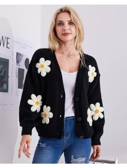 Migratory Bird Guide Kawaii Y2k Sweater Cardigan for Women, Long Sleeve V-Neck Button Cropped Flower Knit Womens Clothes