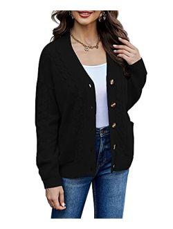 LIOFOER Women's Knitted Pattern Long Sleeve Sweater with Pocket Front Cardigan Button Loose Jacket