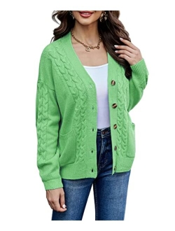 LIOFOER Women's Knitted Pattern Long Sleeve Sweater with Pocket Front Cardigan Button Loose Jacket