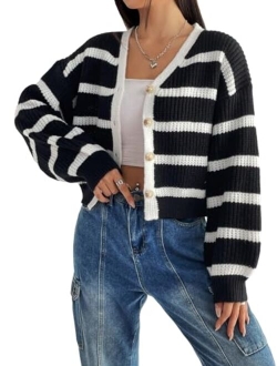Women's Long Sleeve Round Neck Button Front Striped Knit Cardigan Sweater
