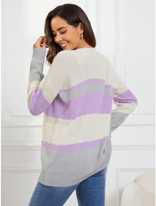 SweatyRocks Women's Long Sleeve Round Neck Button Front Striped Knit Cardigan Sweater