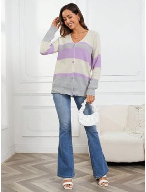 SweatyRocks Women's Long Sleeve Round Neck Button Front Striped Knit Cardigan Sweater