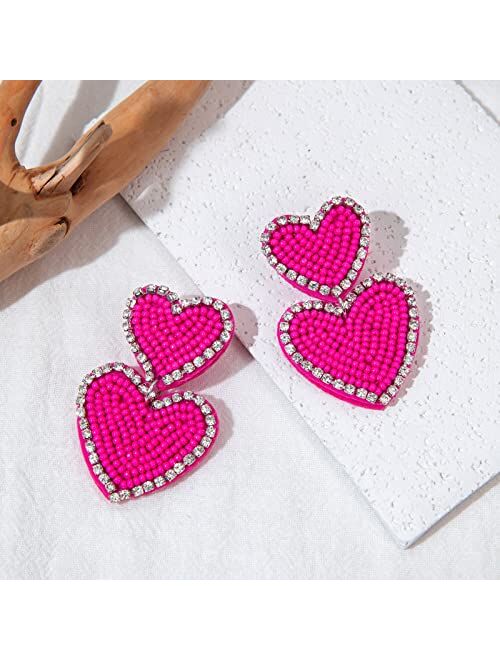 Pofilala Beaded Heart Shaped Earrings - Handmade Statement Heart Dangle Earrings Gift for Valentine's Day and Mother's Day