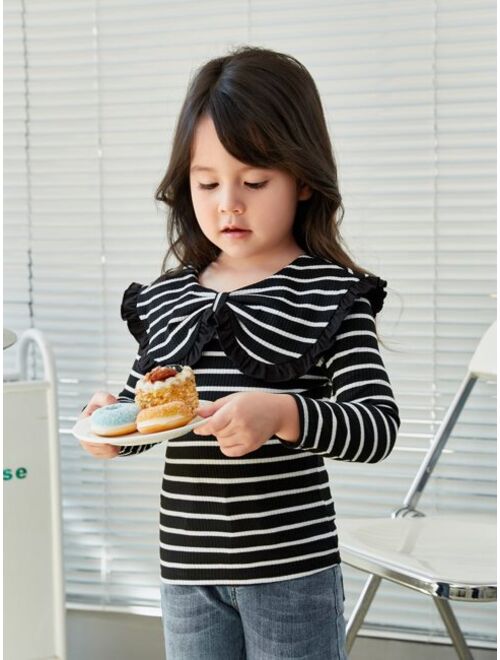 SHEIN Kids KDOMO Young Girl Striped Print Statement Collar Tee